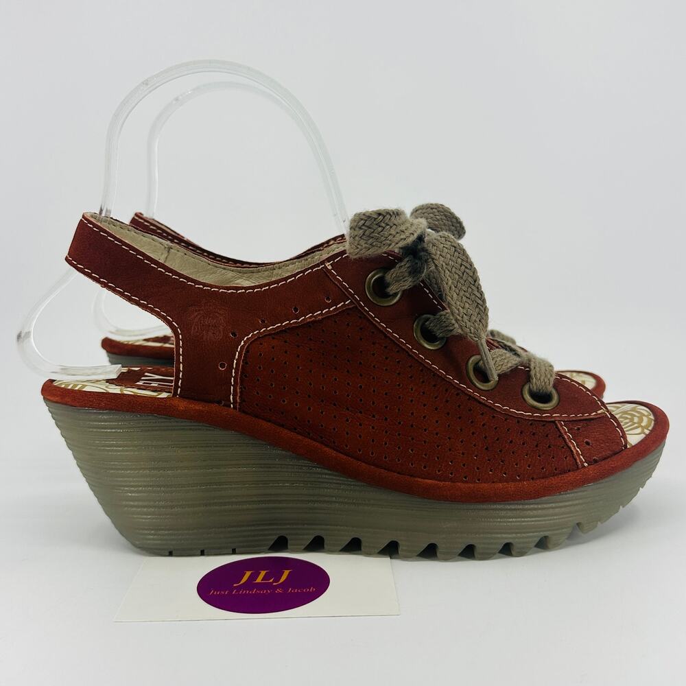 Fly London Women's Yuta Brick Red Lace Up Peep Toe Sandals Size 37 EU/ 6.5-7 US